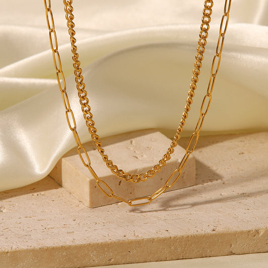 18K Gold Paperclip Cuban Link Chain Layered Necklace Set