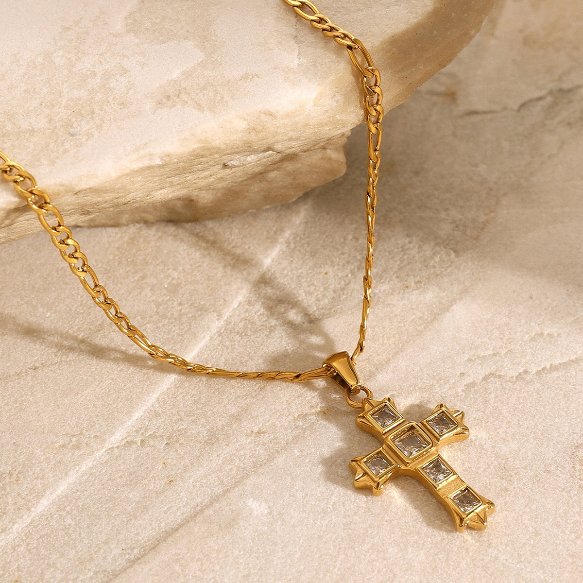18K Gold Gemstone Cross Pendant Figaro Chain Statement Necklace