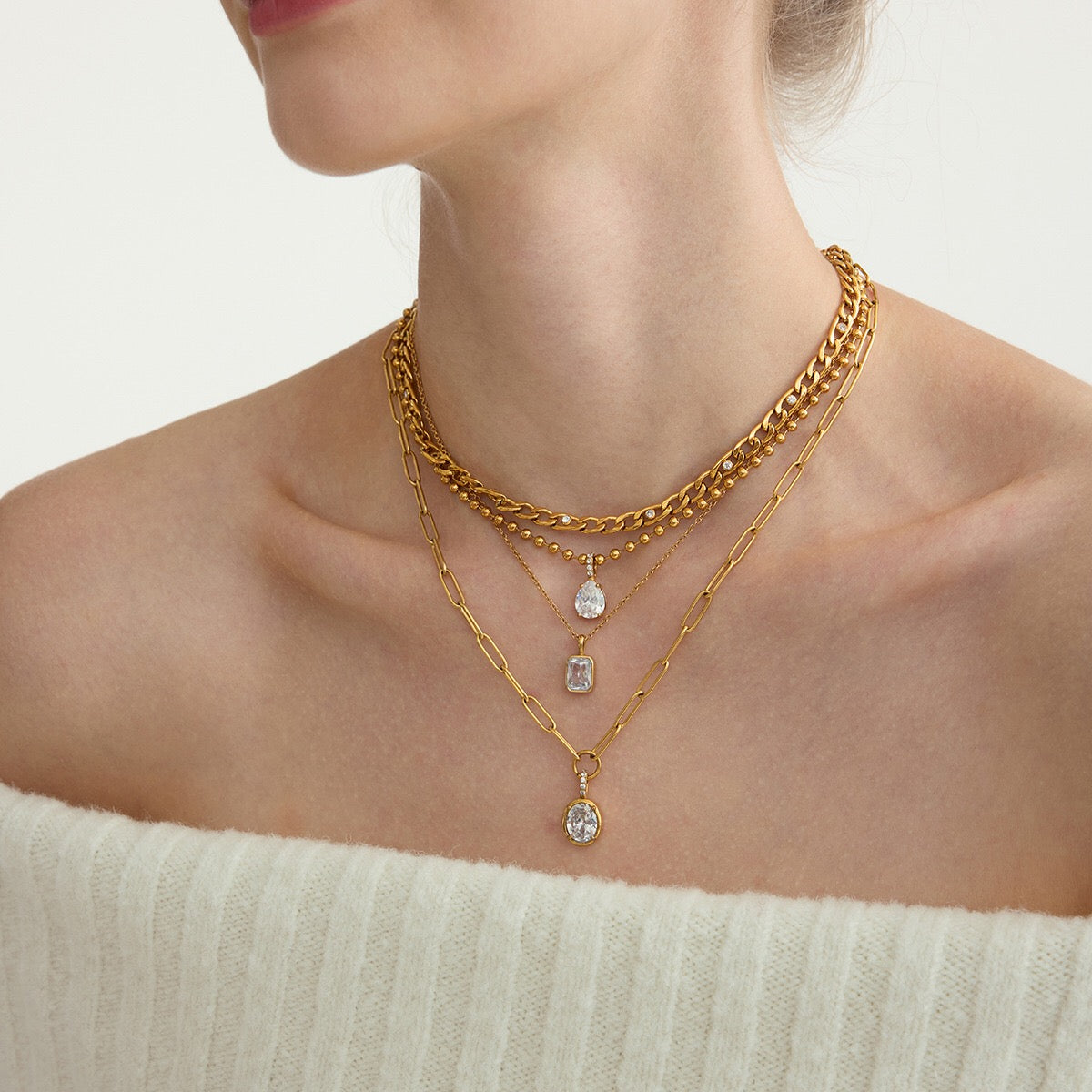 18K Gold Minimal Glow CZ Pendant Paperclip Beaded Chain Layered Necklace Set