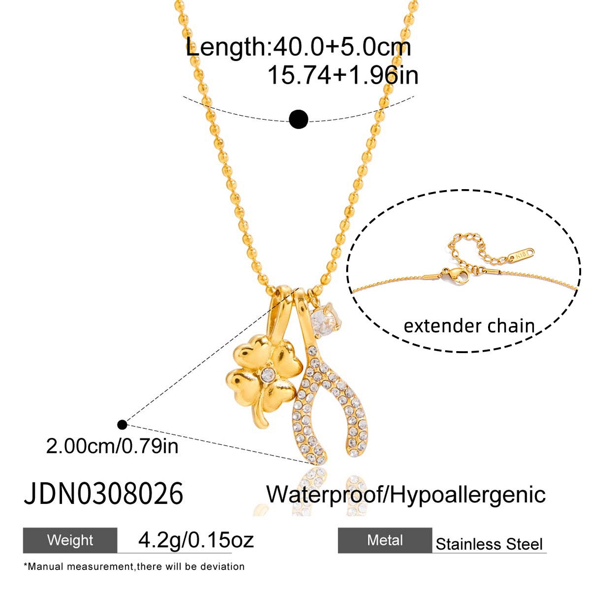 18K Gold Lucky You Clover Wishing Bone Dainty Charm Necklace