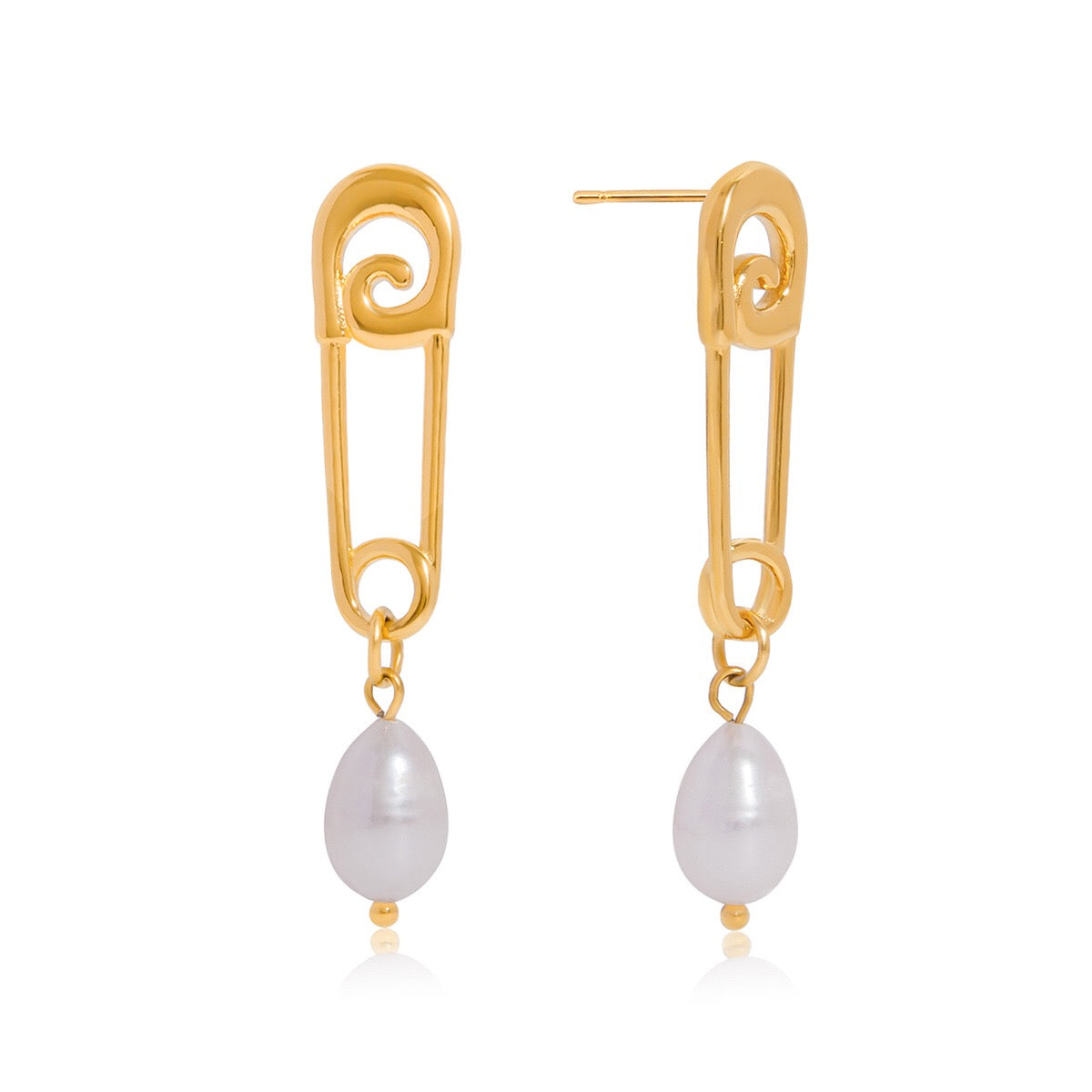 18K Gold Safety Pin Pearl Statement Dangle Stud Earrings
