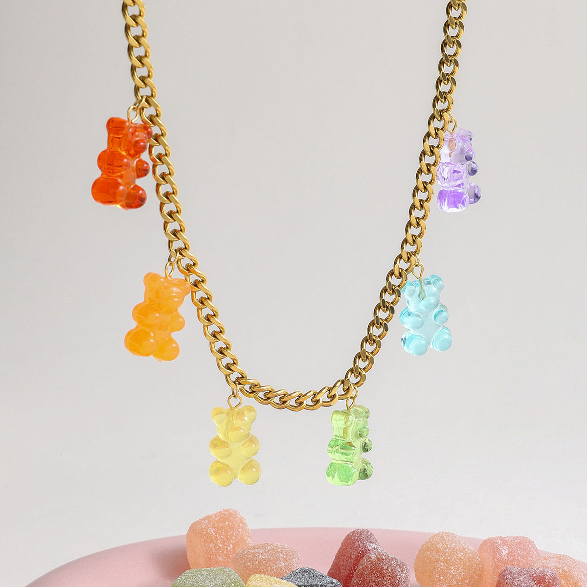 18K Gold Rainbow Color Gummy Bear Cuban Link Statement Charm Necklace