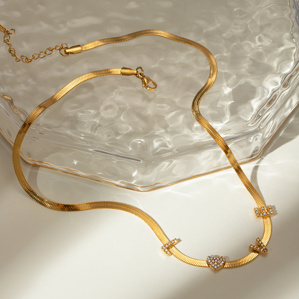 18K Gold LOVE Herringbone Snake Chain CZ Collar Necklace
