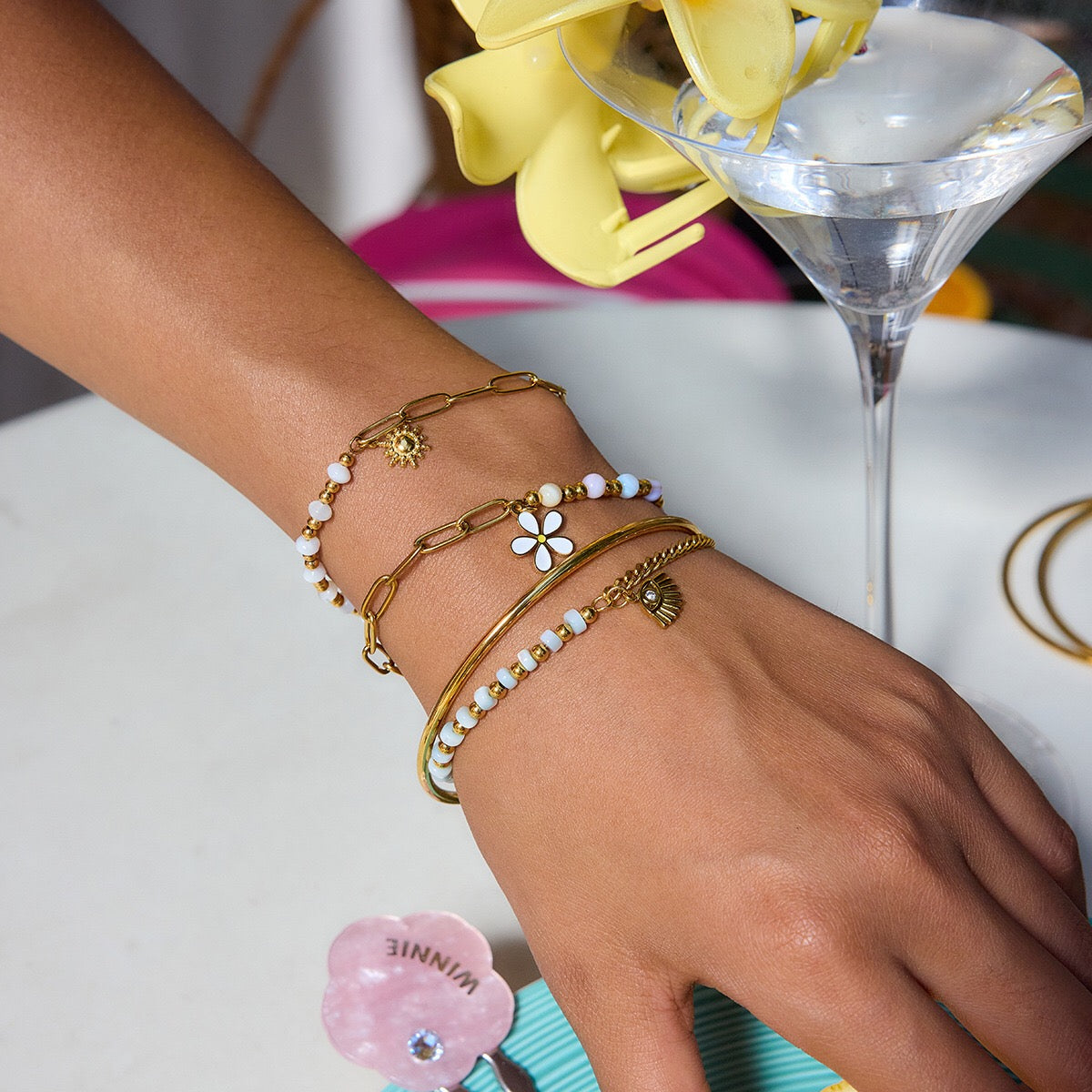 18K Gold Pastel Blue Flower Beaded Chain Bangle Bracelet Stack