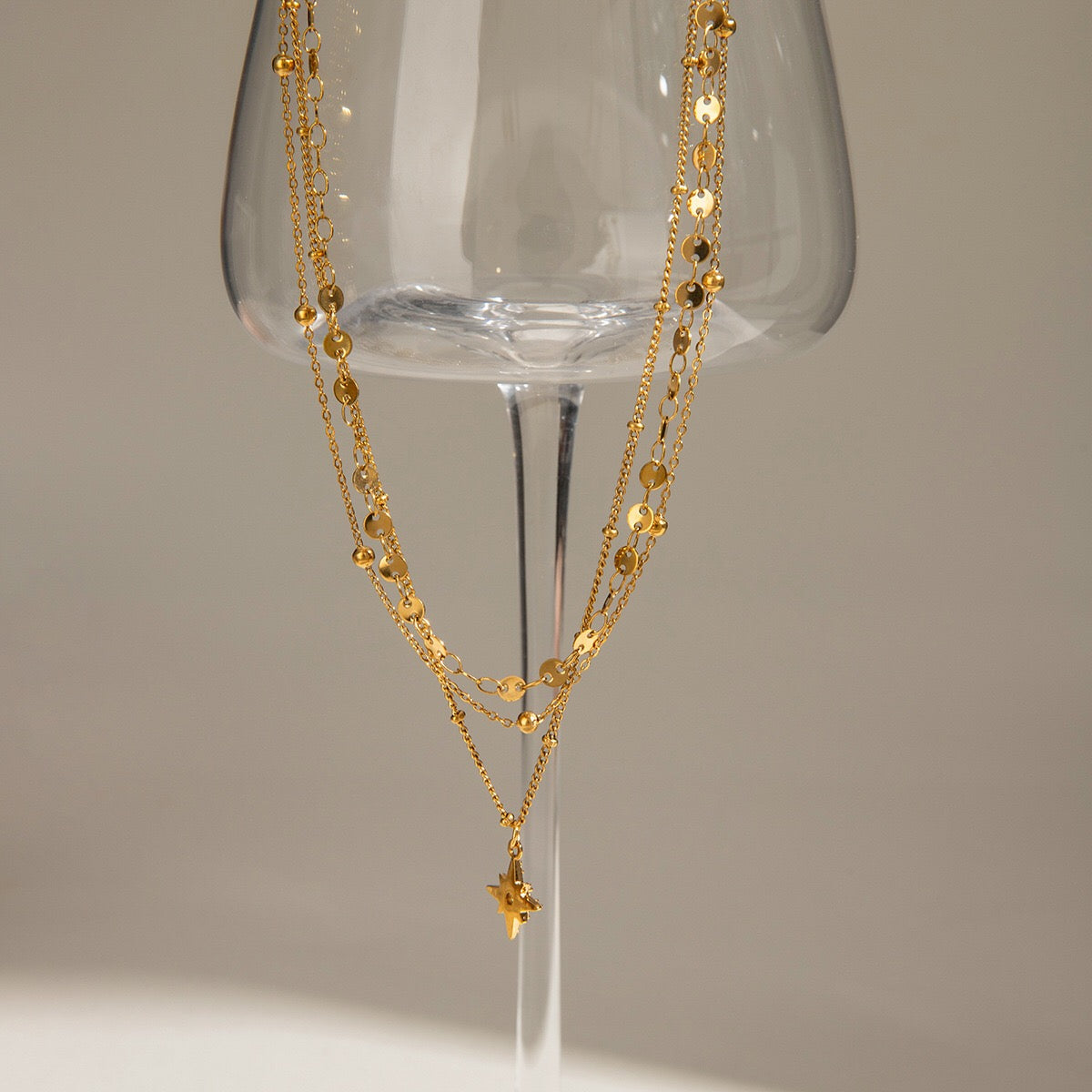 18K Gold Northern Star Pendant Chain Layered Necklace Set
