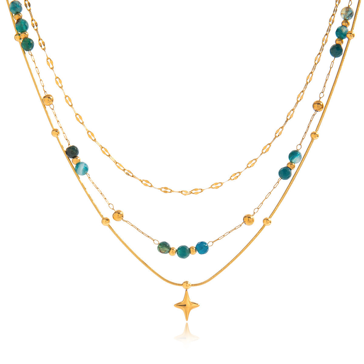 18K Gold Dainty Star Pendant Ocean Blue Beaded Layered Necklace Set