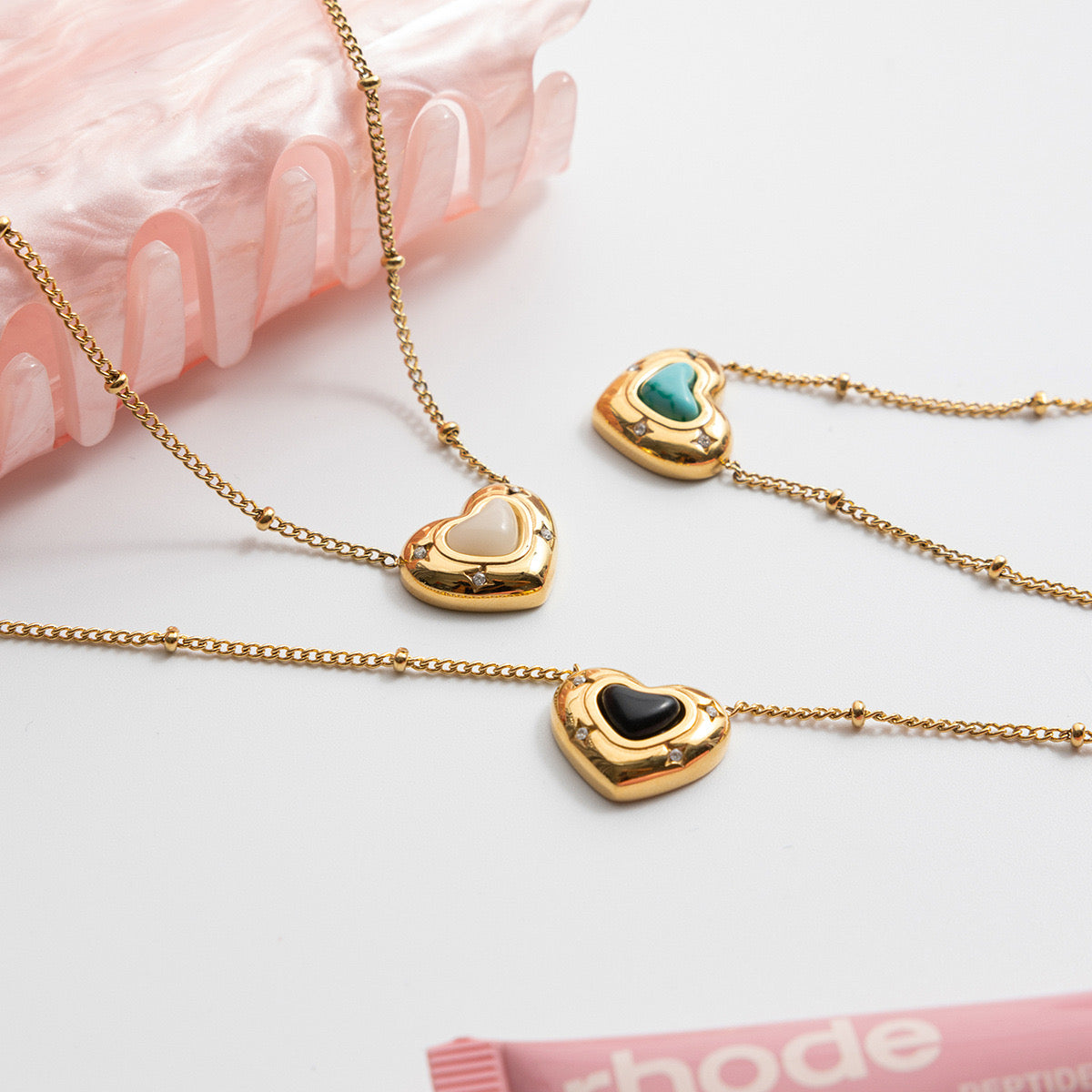 18K Gold Natural Stone Stars Adorned Dainty Heart Pendant Necklace