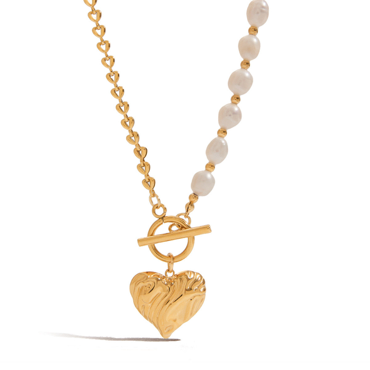 18K Gold Chunky Pearl Beaded Heart Pendant Circle Chain Layered Necklace Set