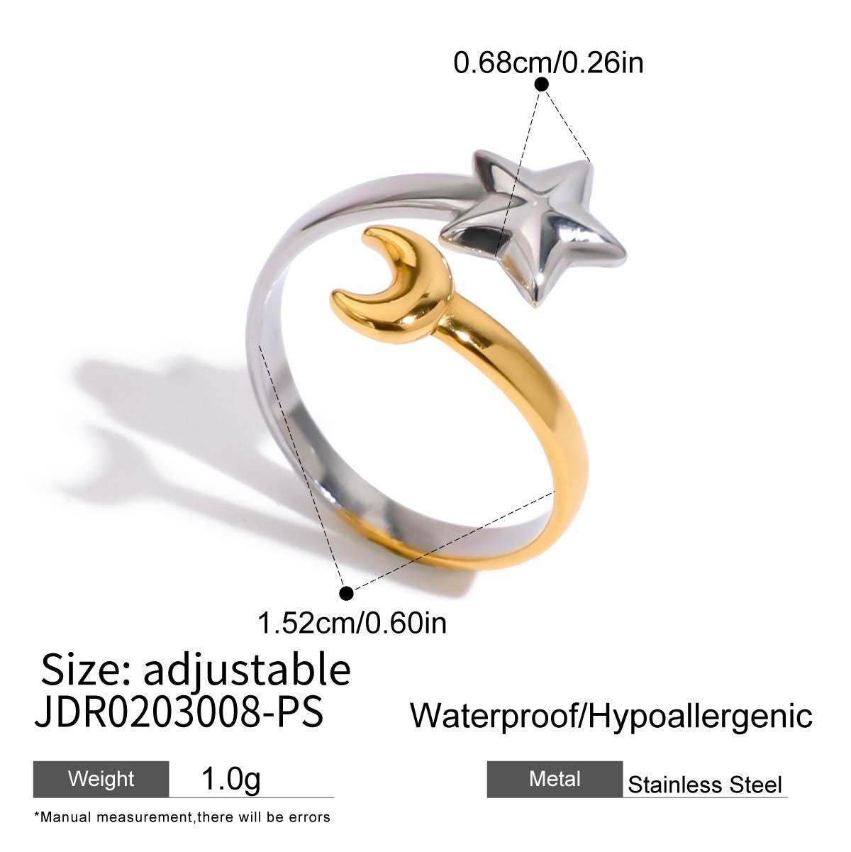 18K Gold Star and Moon Two Tone Silver Ring
