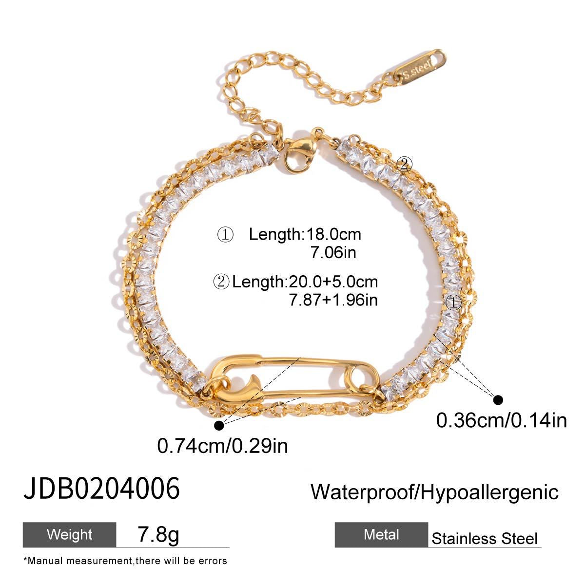 18K Gold Safety Pin Tennis Double Chain Heart Bangle Bracelet Stack