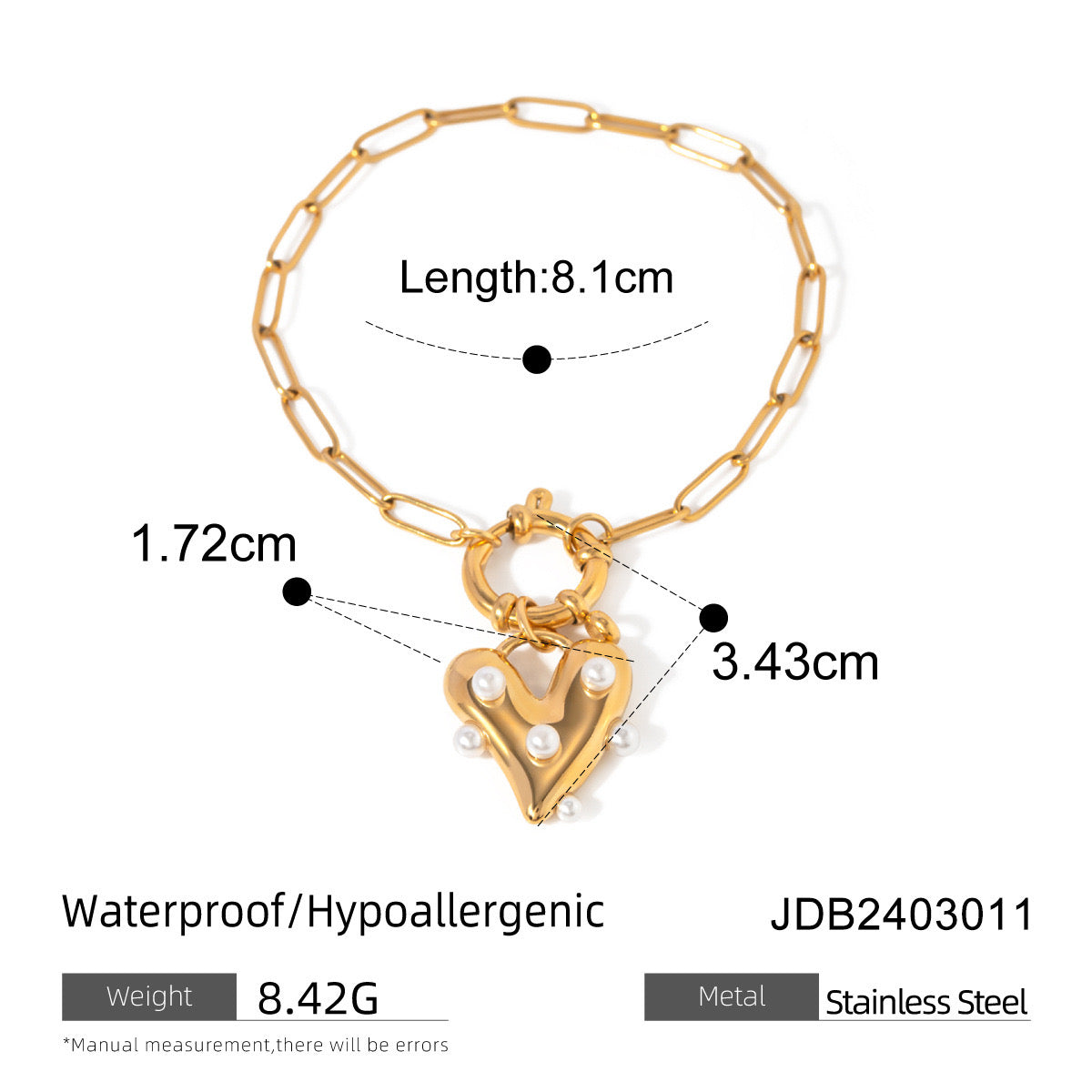 18K Gold Pearl Heart Paperclip Chain Charm Bracelet