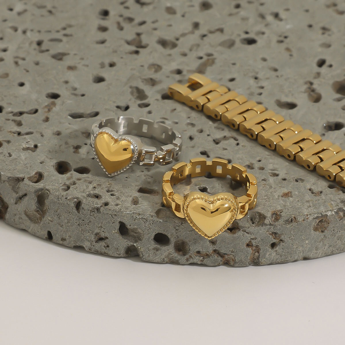 18K Gold and Silver Two Tone Delicate Heart Watch Band Ring