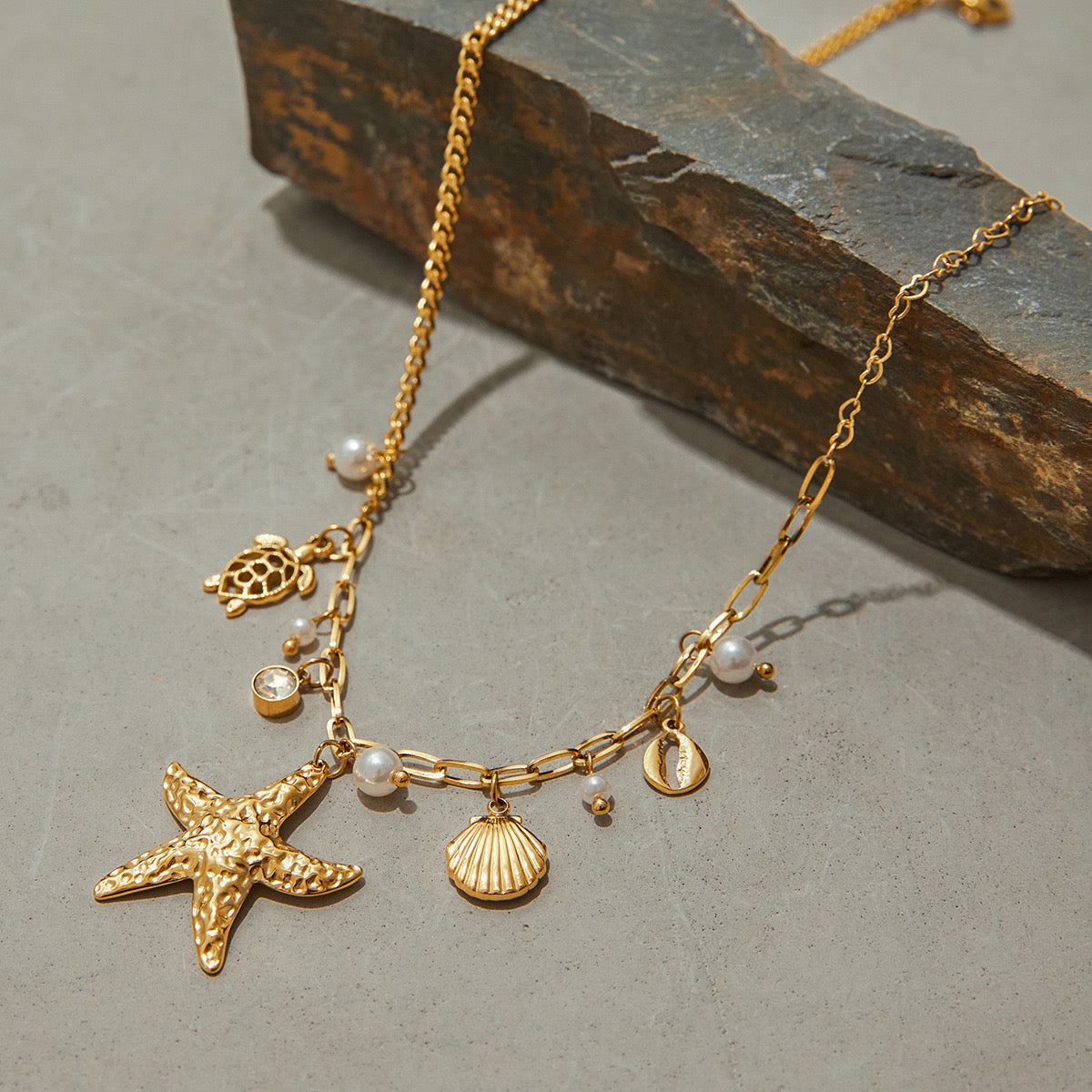 18K Gold Starfish Beach Pearl Beads Charm Necklace
