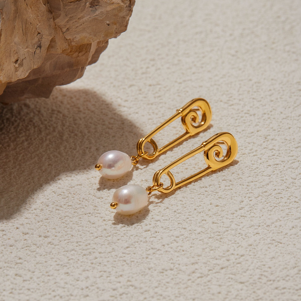 18K Gold Safety Pin Pearl Statement Dangle Stud Earrings