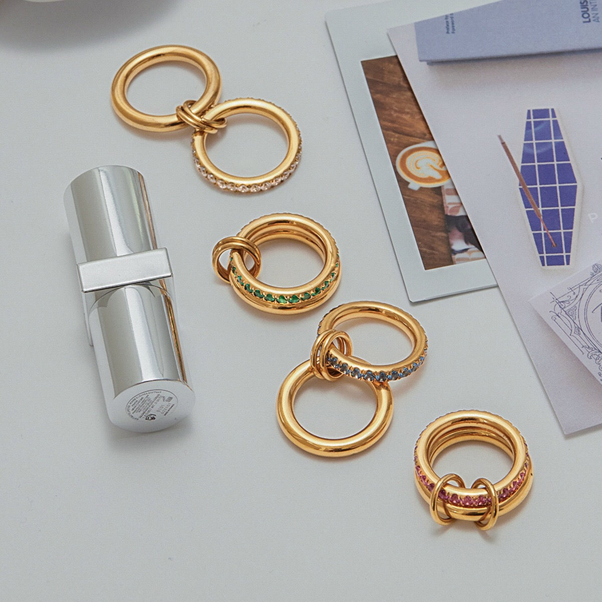 18K Gold Double Link Connected Stacking Pave Ring