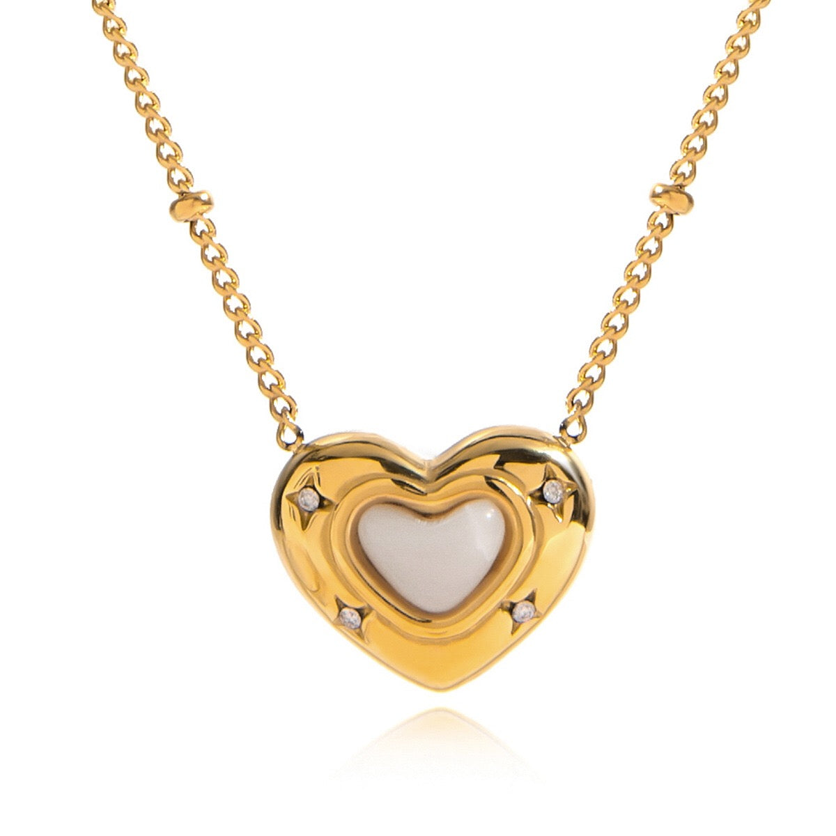 18K Gold Natural Stone Stars Adorned Dainty Heart Pendant Necklace