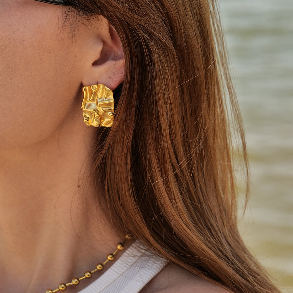 18K Gold Textured Plate Statement Stud Earrings