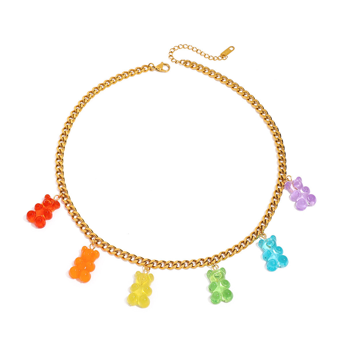 18K Gold Rainbow Color Gummy Bear Cuban Link Statement Charm Necklace
