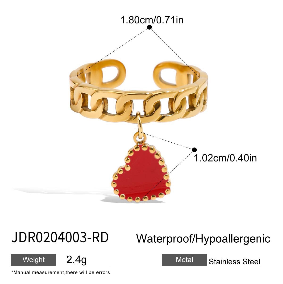 18K Gold Heart Palm Tree Charm Chain Band Ring