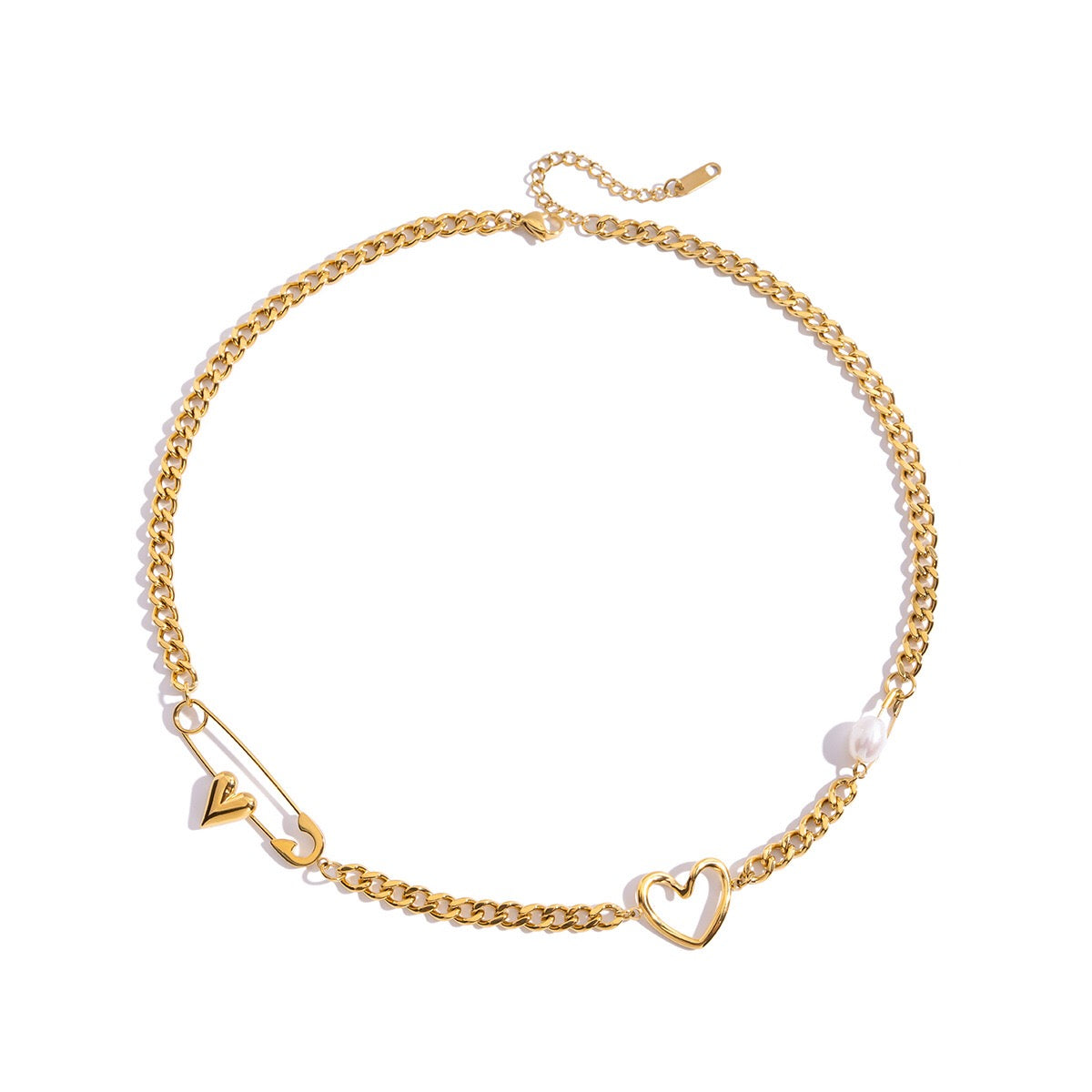 18K Gold Heart Safety Pin Pearl Cuban Curb Chain Necklace