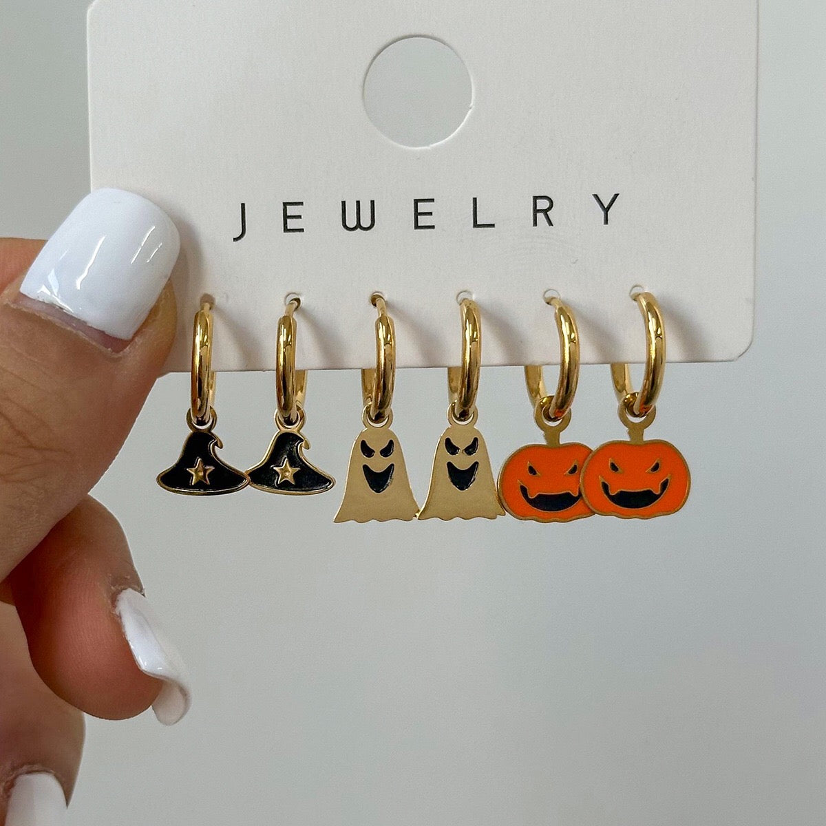 18K Gold Halloween Pumpkin Skull Small Hoop Huggie Earrings with Charm
