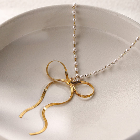 18K Gold Ribbon Bow Pearl Chain Pendant Necklace