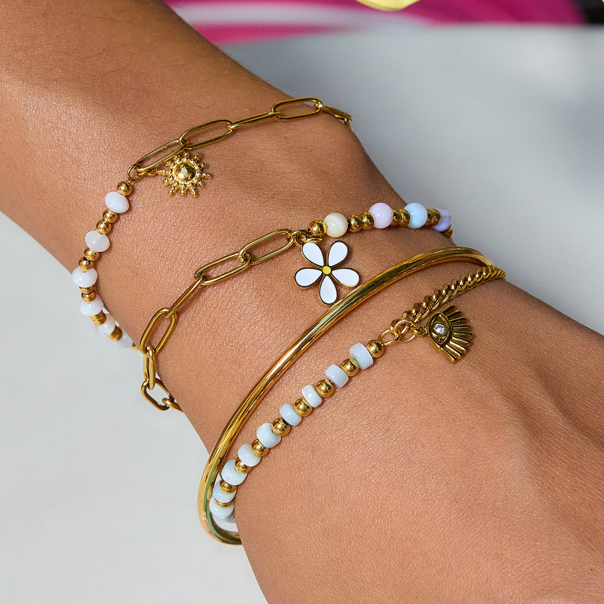 18K Gold Pastel Blue Flower Beaded Chain Bangle Bracelet Stack