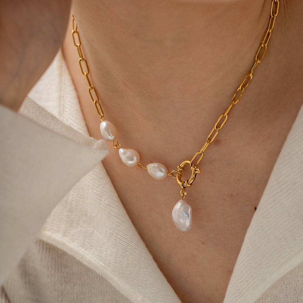 18K Gold Baroque Pearl Pendant Chunky Statement Necklace