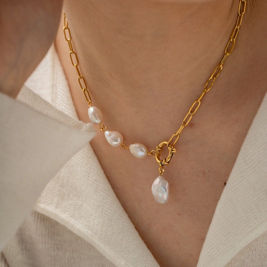 18K Gold Baroque Pearl Pendant Chunky Statement Necklace