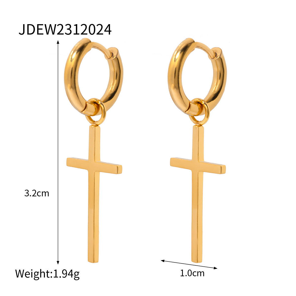 18K Gold Minimalist Cross Huggie Earrings With Charm