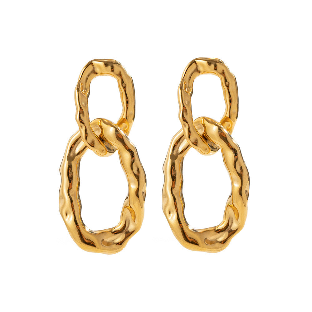 18K Gold Double Hoop Texture Statement Dangle Earrings