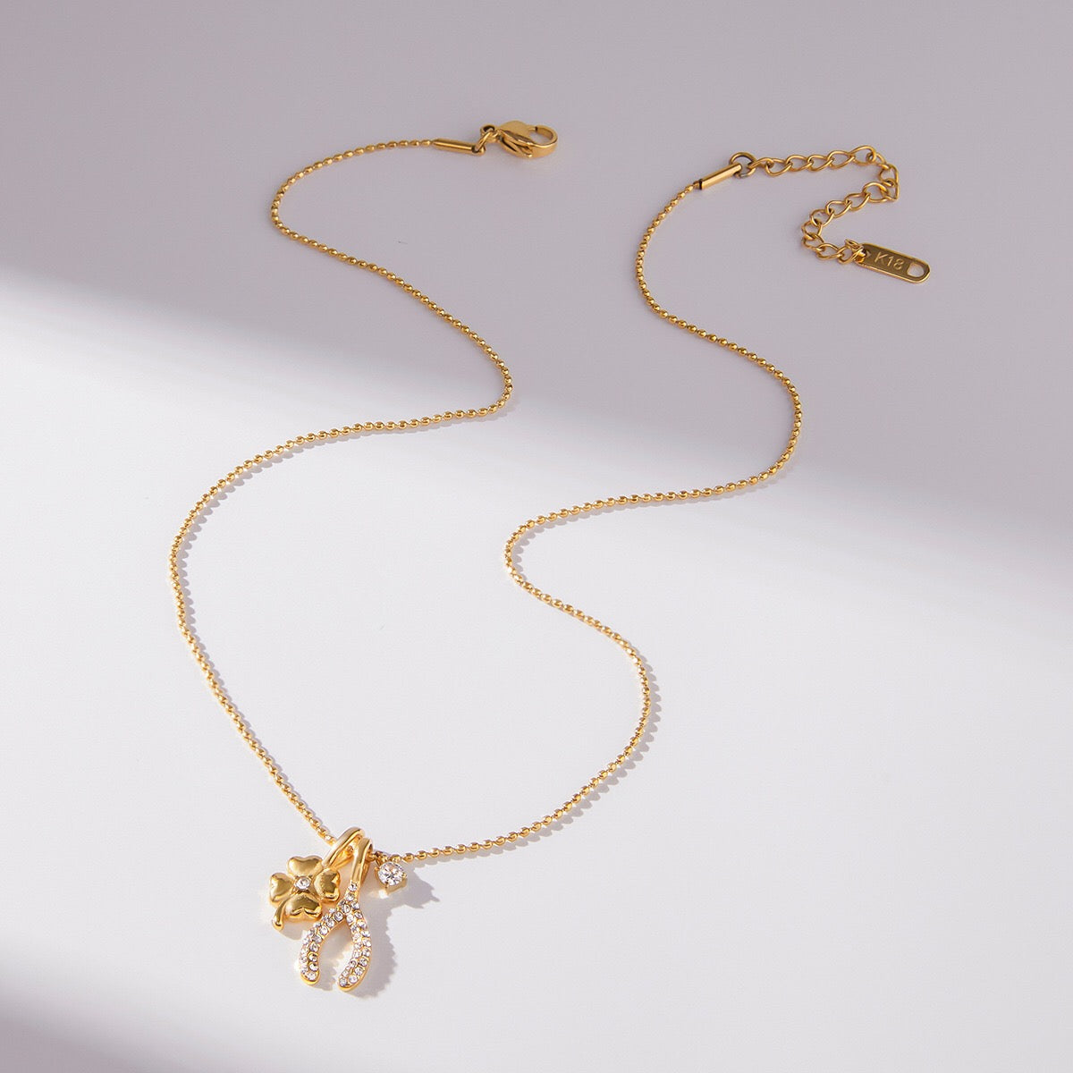 18K Gold Lucky You Clover Wishing Bone Dainty Charm Necklace