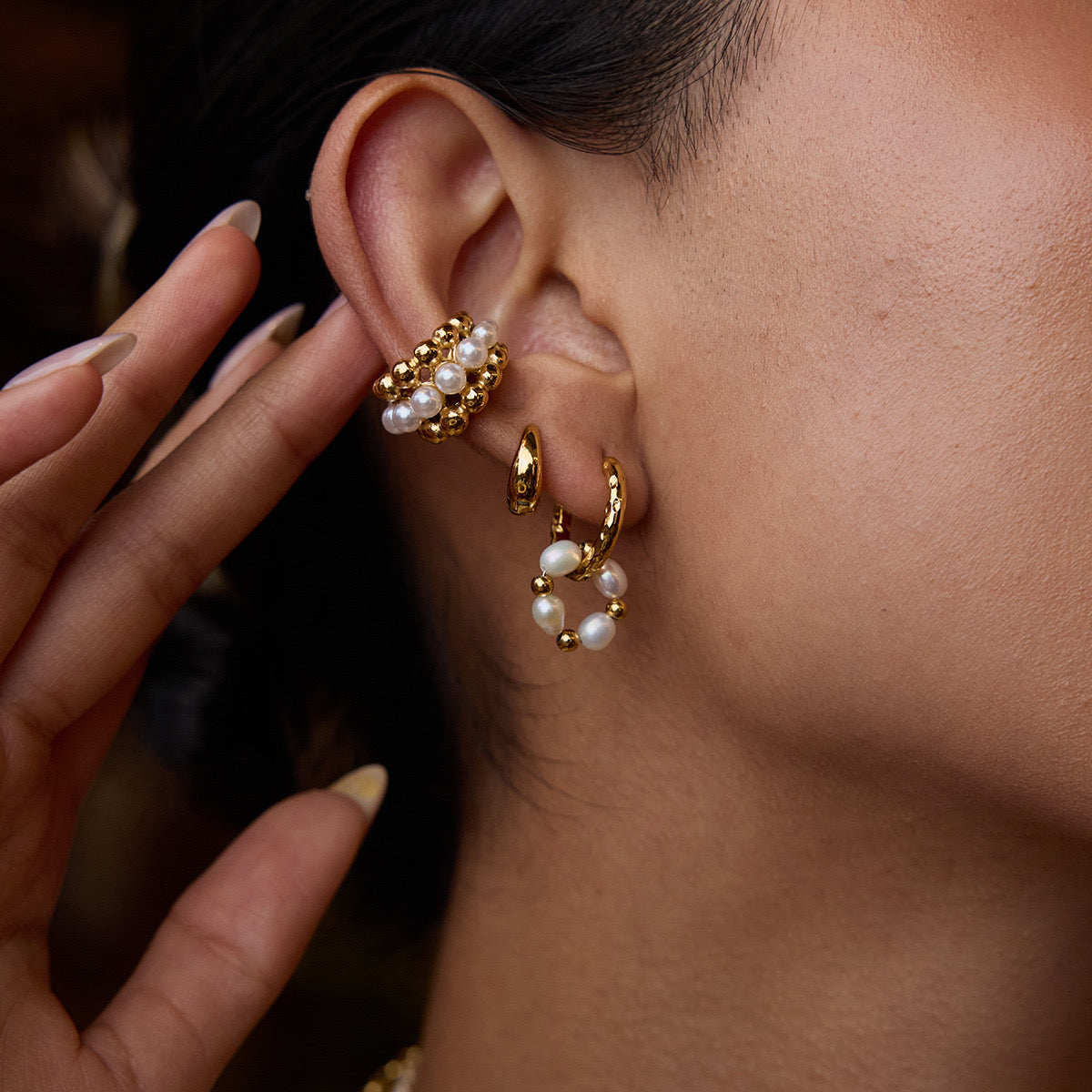 18K Gold Royal Pearl Huggie Earrings Ear Cuffs Set