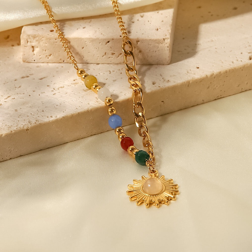 18K Gold Sun Pendant Color Beaded Necklace