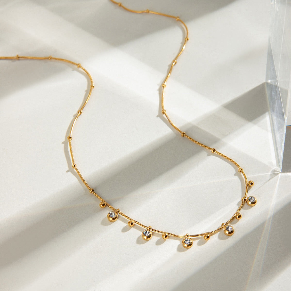 18K Gold CZ Sprinkle Beaded Chain Dainty Necklace