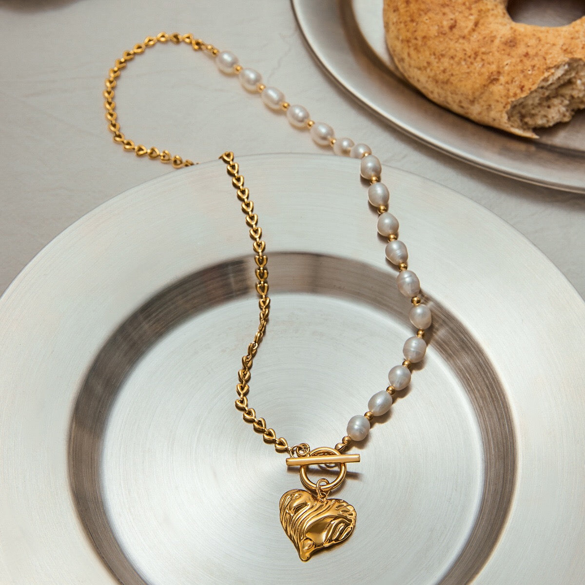 18K Gold Chunky Pearl Beaded Heart Pendant Circle Chain Layered Necklace Set