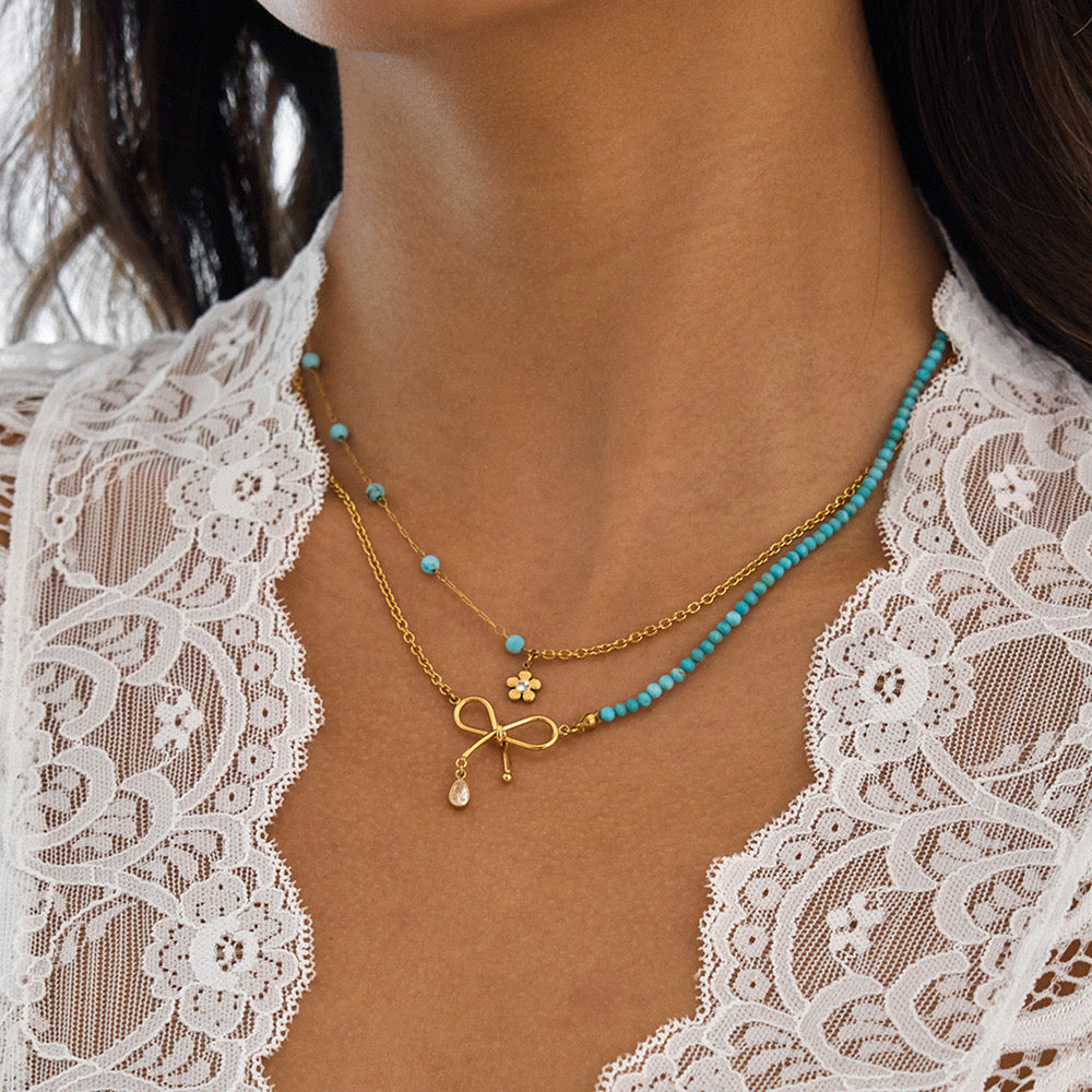 18K Gold Turquoise Beads Bow Pendant Double Chain Layered Necklace Set