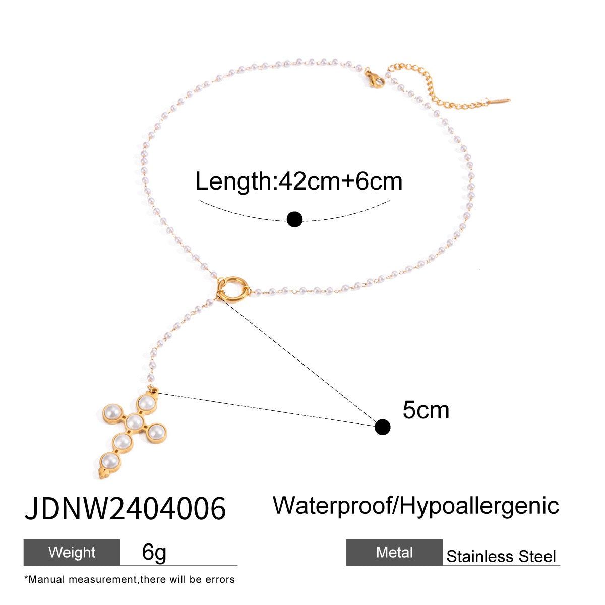 18K Gold Pearl Cross Pendant Lariat Necklace