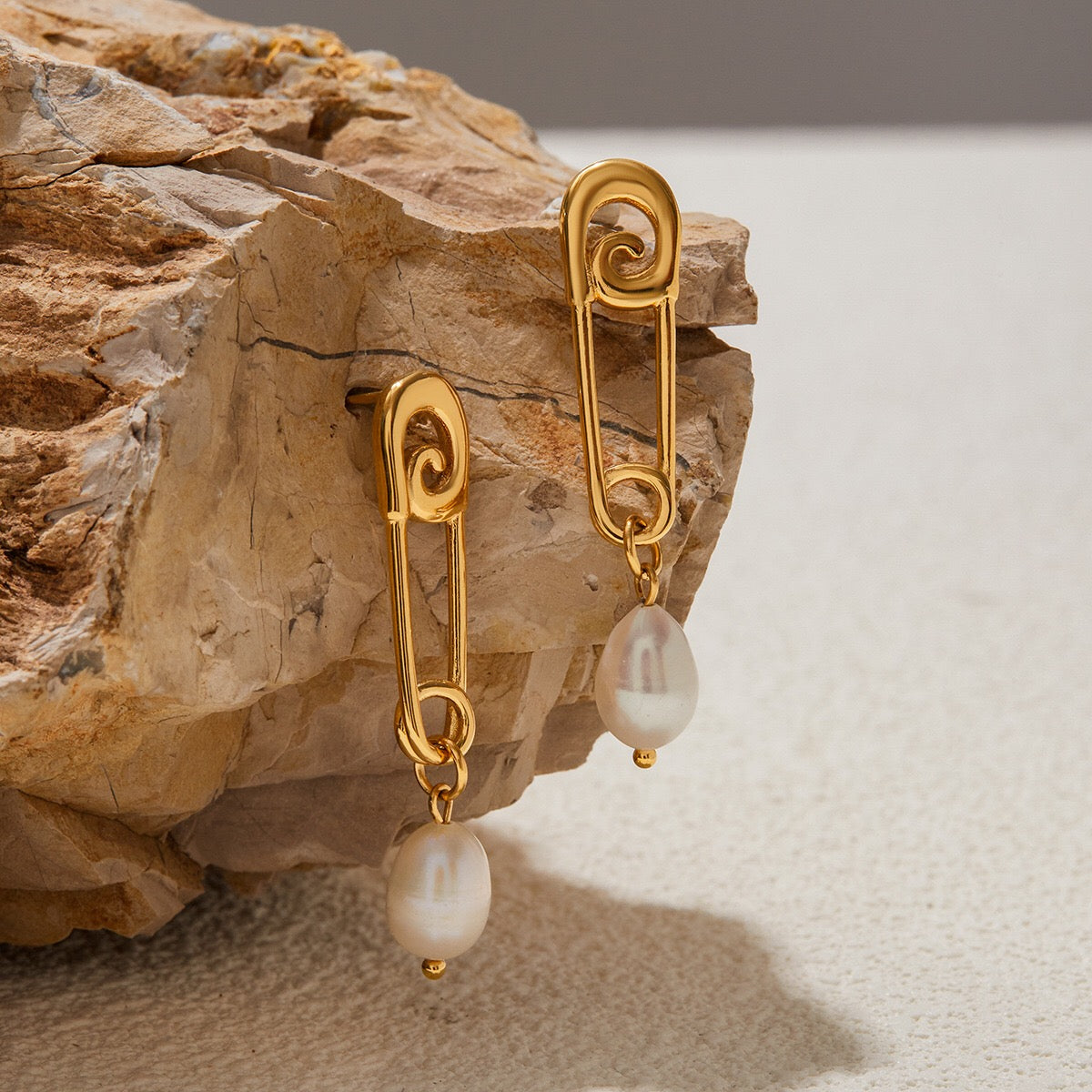 18K Gold Safety Pin Pearl Statement Dangle Stud Earrings
