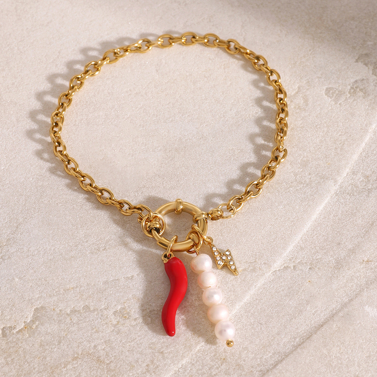 18K Gold Italian Horn Pearl Charm Bracelet