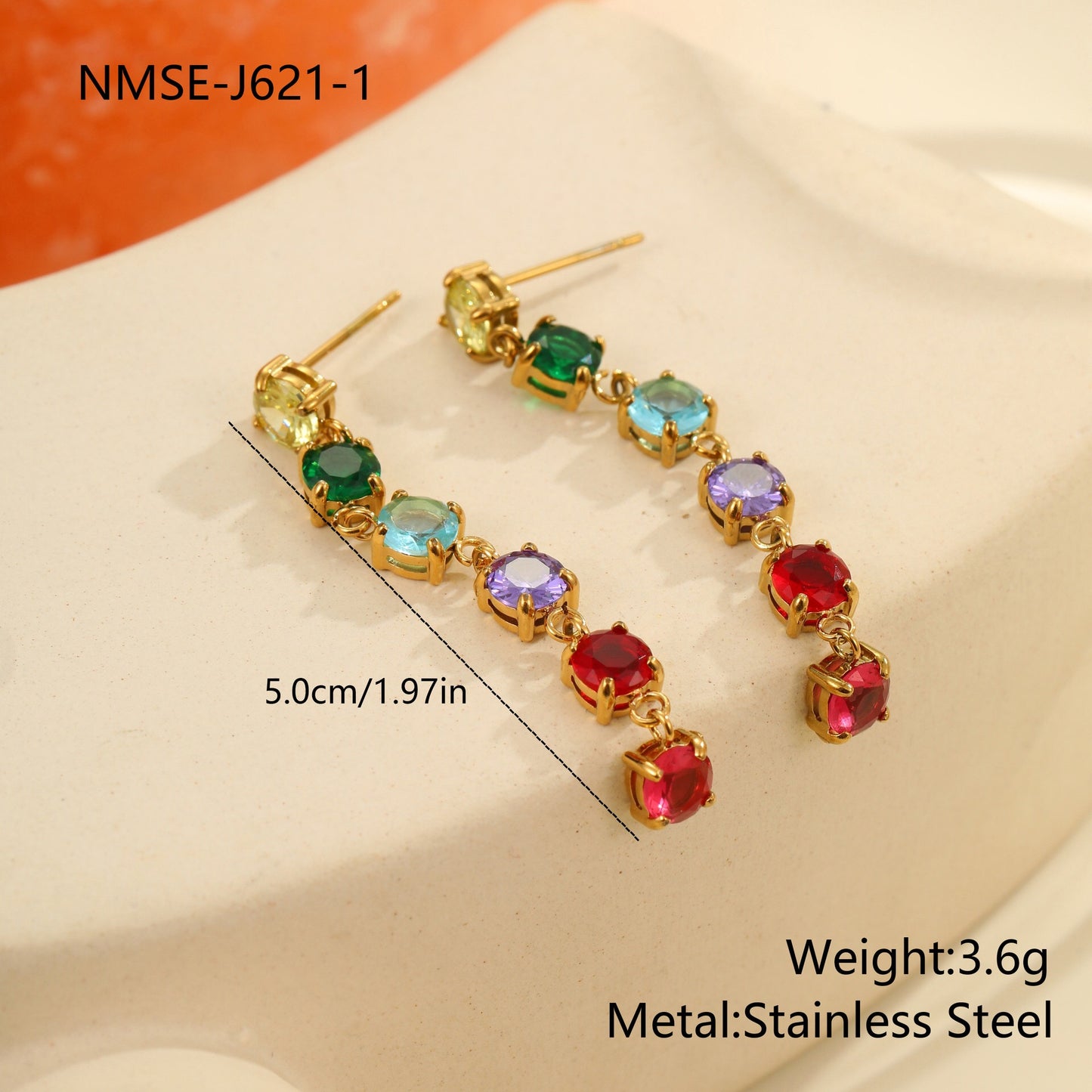18K Gold Rainbow Tennis Chain Drop Dangle Stud Earrings
