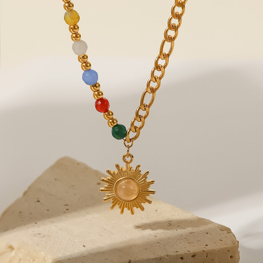 18K Gold Sun Pendant Color Beaded Necklace