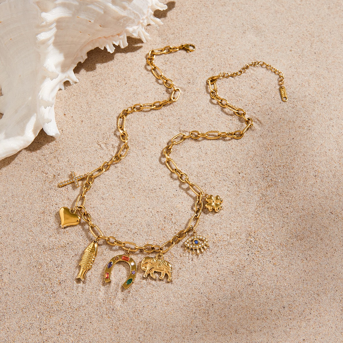 18K Gold Wicked Luck Horseshoe Clover Charm Necklace