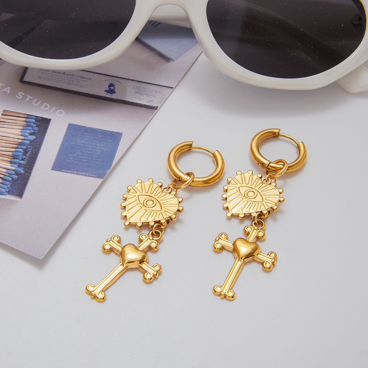 18K Gold Tempt Heart Cross Dangle Huggie Earrings with Charm