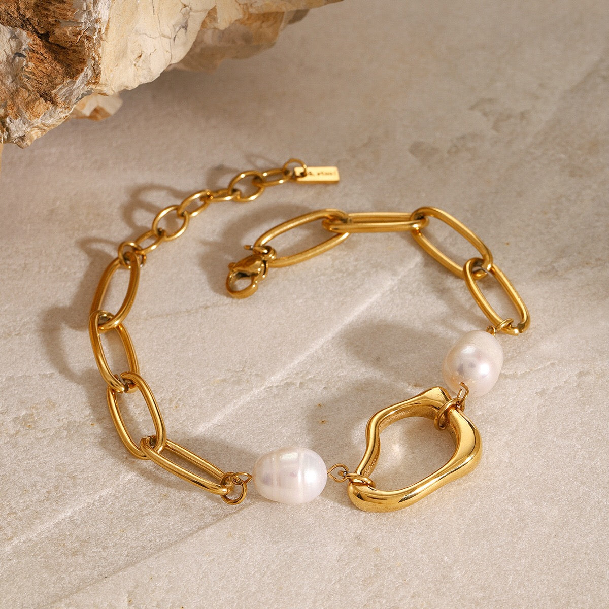 18K Gold Paperclip Chain Pearl Beads Bracelet
