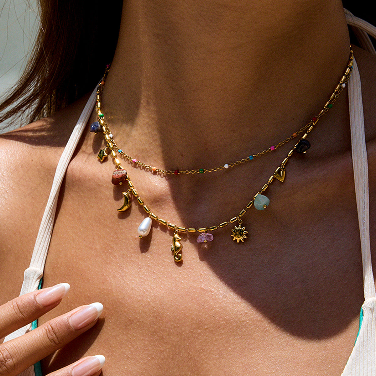 18K Gold Summer Memory Color Charm Double Chain Layered Necklace Set