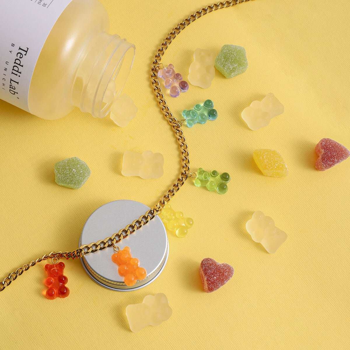 18K Gold Rainbow Color Gummy Bear Cuban Link Statement Charm Necklace