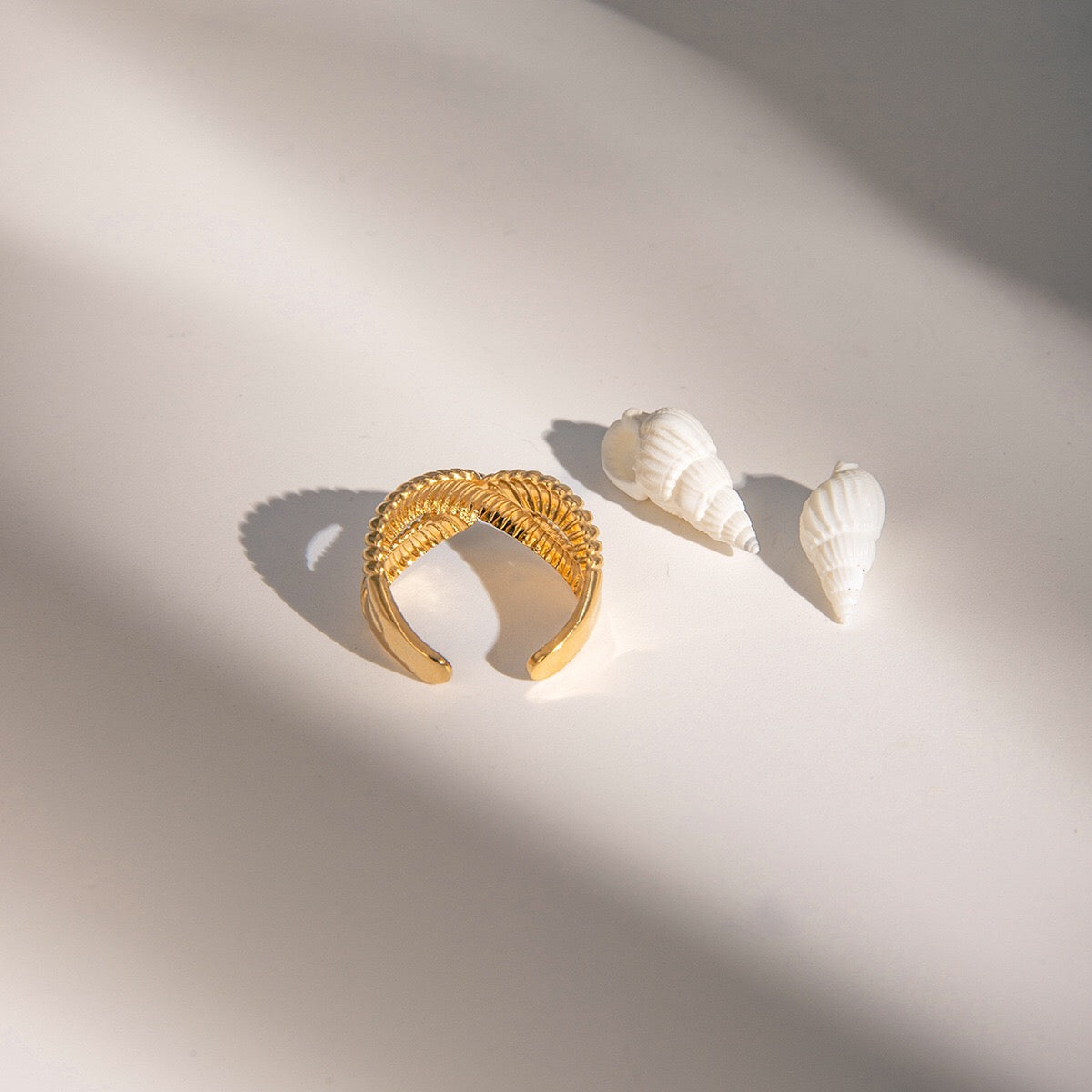18K Gold Ribbed Cross Band Ring