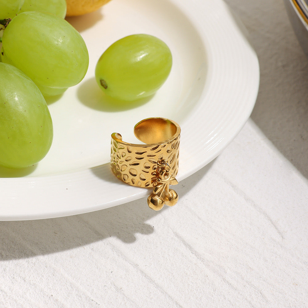 18K Gold Cherry Charm Band Ring
