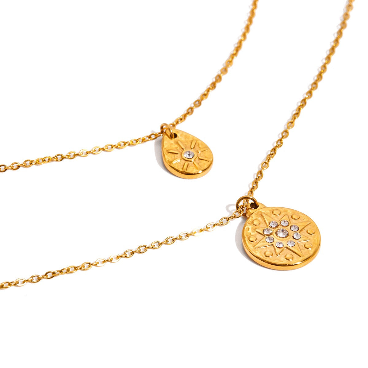 18K Gold Cascading Sun Pedant Paperclip Chain Layered Necklace Set